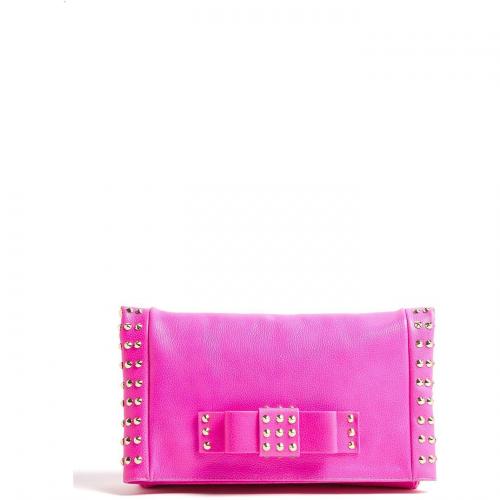 AILA Neon Pink Folded Over Bow Clutch with Gold Plated Studs