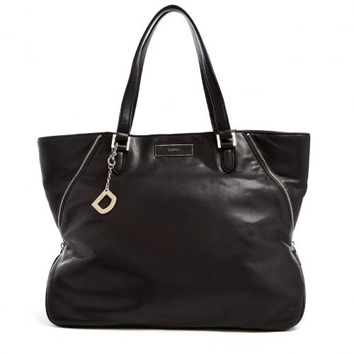 DKNY Black Leather Long Zip Tote Bag
