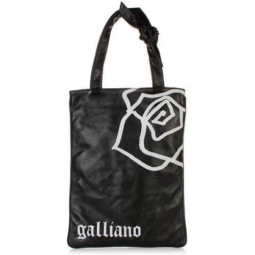 Galliano Black Leather Shopper N-S Print white