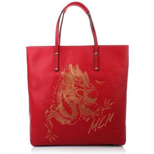 MCM Flying Dragon Leather Shopper Red