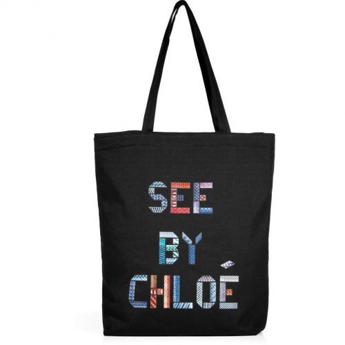 See by Chloe Black Signature Cotton Canvas Shopping Tote