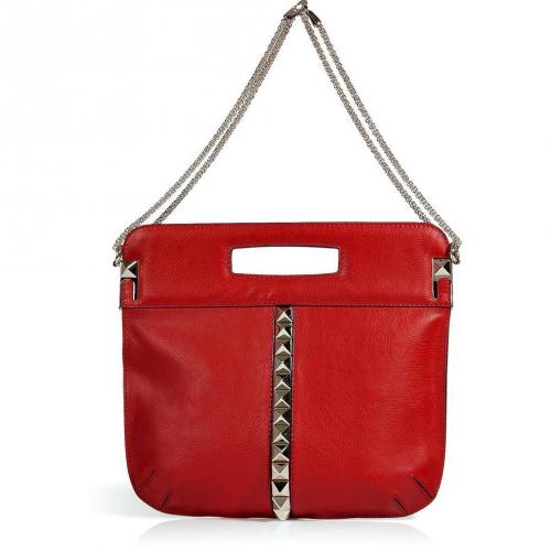 Valentino Red Studded Leather Tote with Chain Straps